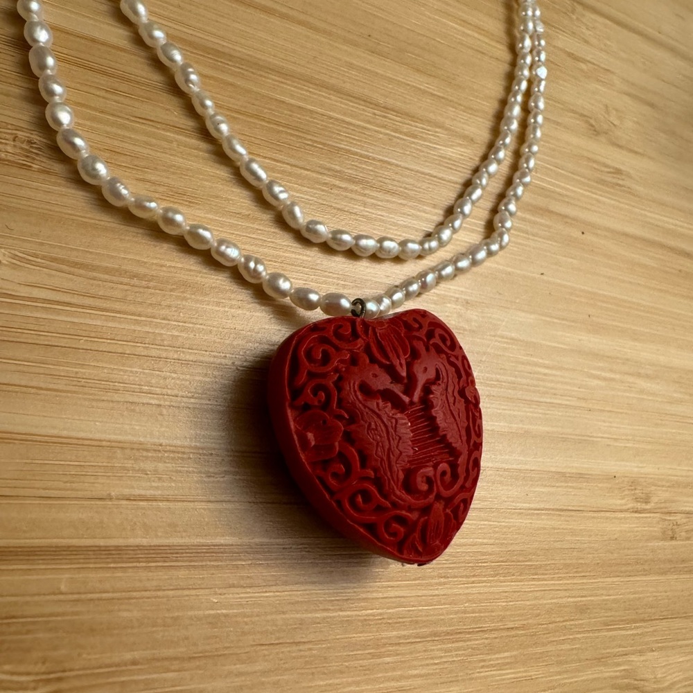 Vintage Cinnabar Heart Seahorse Necklace with two strands of Freshwater Pearls